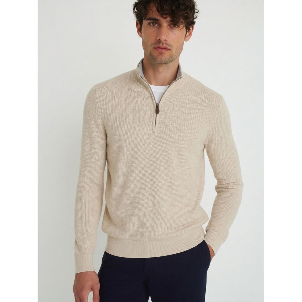 BLOOMINGDALES Sweater Mens Medium Tan Quarter Zip Pullover 100% Cotton $118